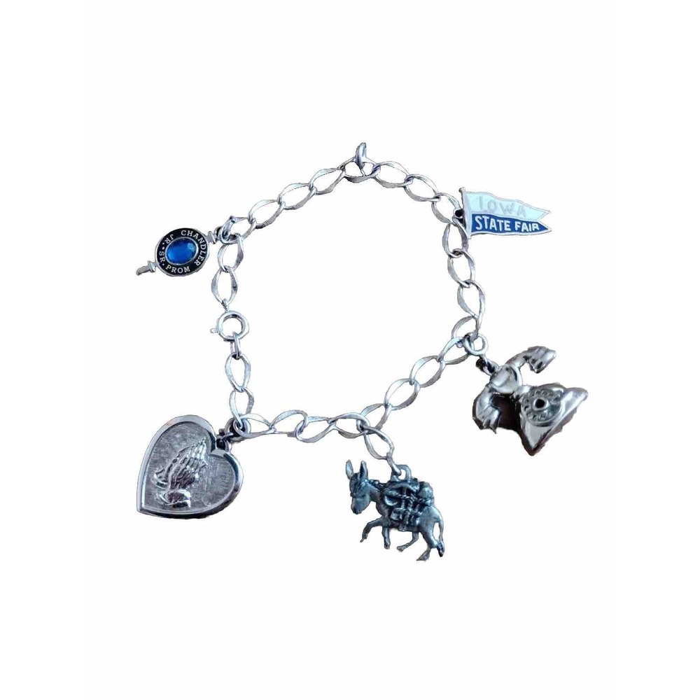 Vintage Silver Charm Bracelet - 925 Sterling - Donkey Heart, Religious Prayer